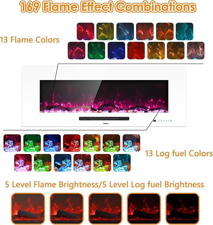50" Electric Fireplace, Recessed & Wall Mounted Fireplace Heater 13 ...
