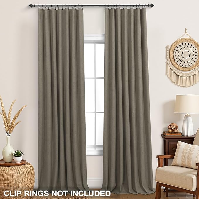 KOUFALL Dark Taupe Brown Curtains 108 Inches Long Blackout Linen Back Tab