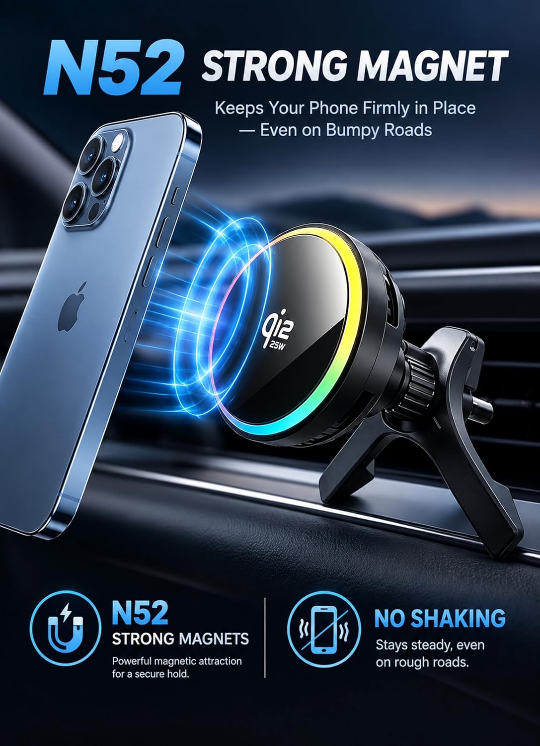 Qi2.2 25w Wireless Charging Car Mount with 63W Adapter & 2 Vent hook clamps