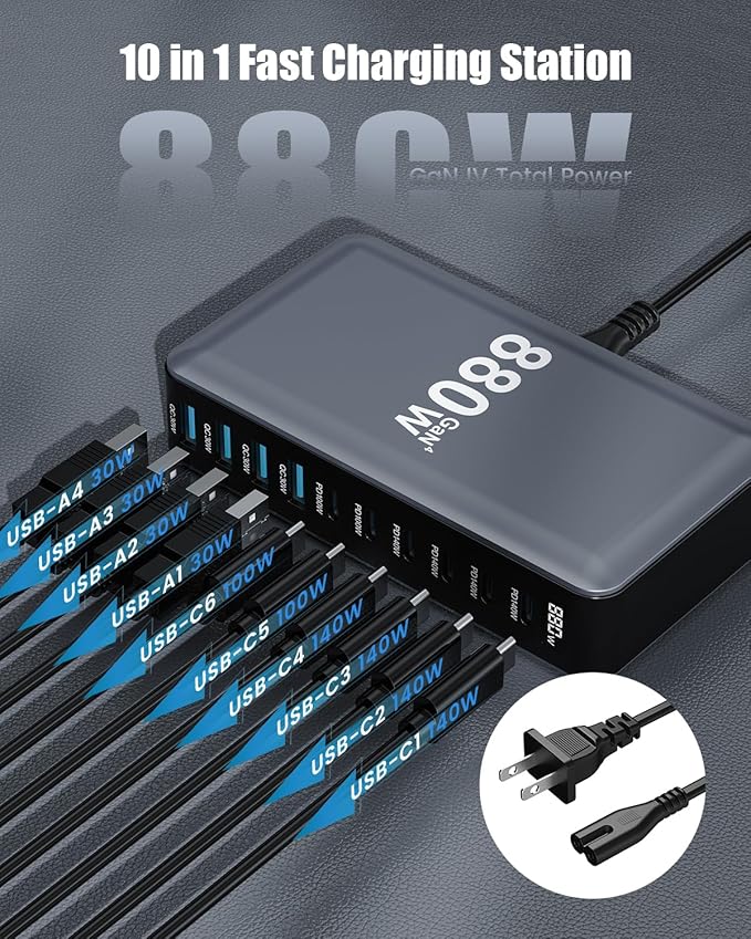 880W USB C Charger Block, 10-Port USB C Charging Station GaN IV Travel