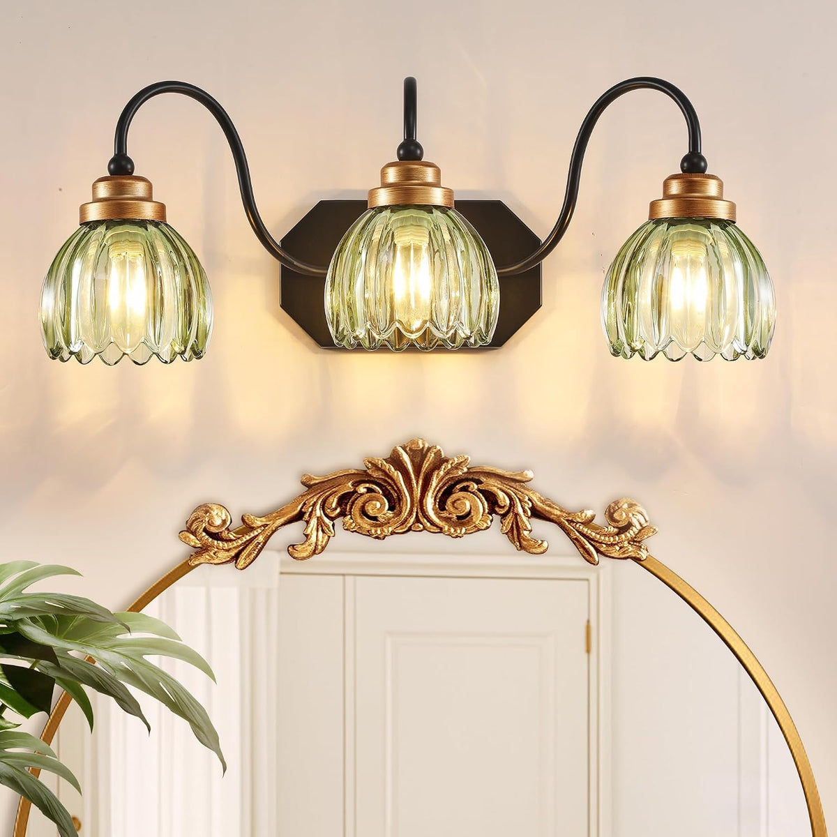 Vintage Gold Bathroom Light Fixtures,3 Light Green Tulip Crystal