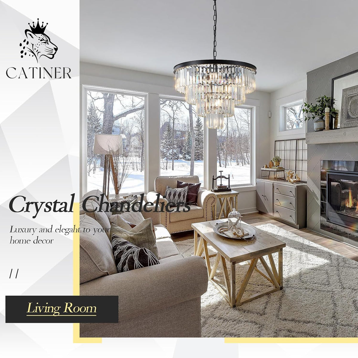 24" Modern Crystal Chandeliers,12-Light Black Round Light Fixture