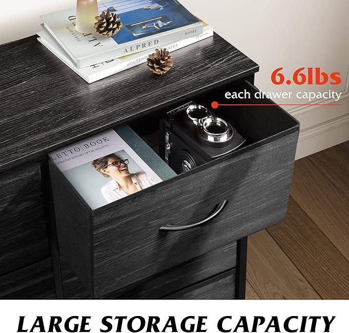 WLIVE Black Dresser for Bedroom, 6 Drawer Double Dresser, Fabric Storage Tower