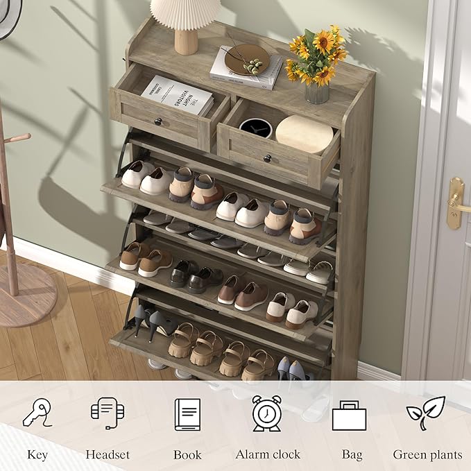 Shoe Cabinet with 3 Flip Drawers & 2 Storage Drawers, Rustic Farmhouse Na...