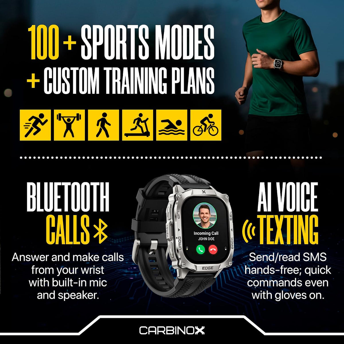 CARBINOX Edge Military Smart Watch for Men, Fitness Tracker, GPS, Black