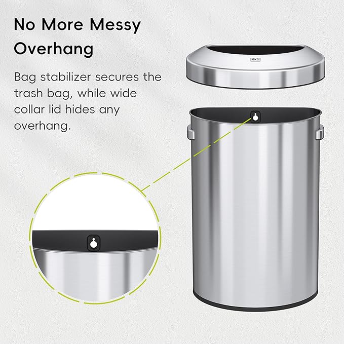 EKO Urban 16 Gallon Semi-Round Open Top Waste Bin, Stainless Steel Half Round