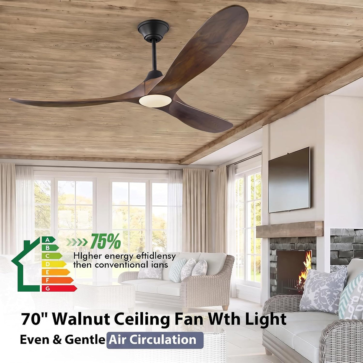 70 Inch Smart Large Ceiling Fan with Light, 3 Wood Propeller Blades