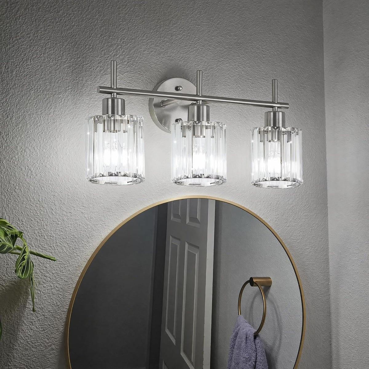 Brushed Nickel 3-Light Crystal Bathroom Vanity Light Fixtures, Round