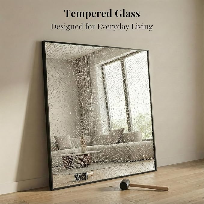 30''x30'' Square Black Bathroom Mirror, Matte Metal Framed Wa...