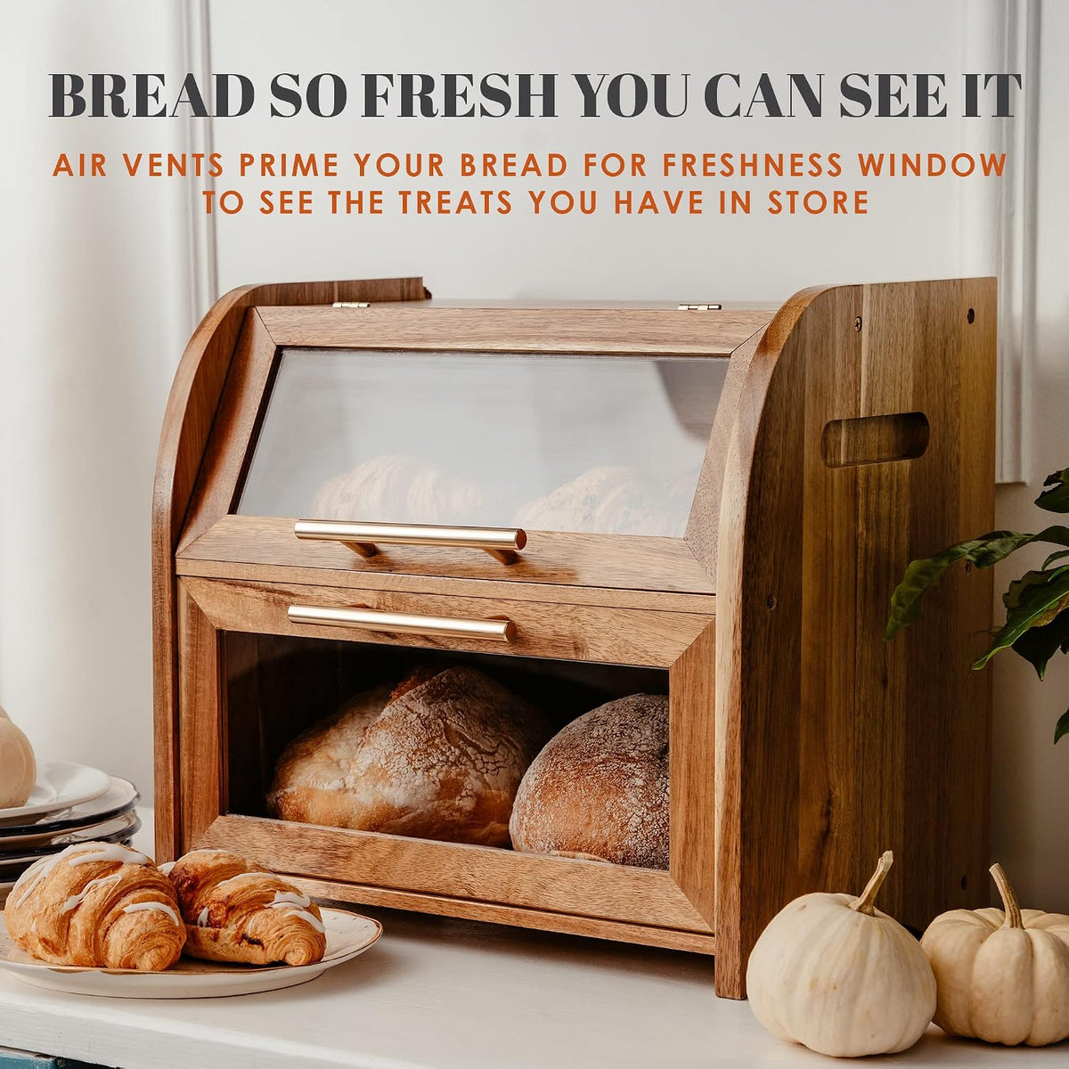Arise Acacia Wooden Bread Box for Kitchen Countertop, Extra Large 2-Shelf