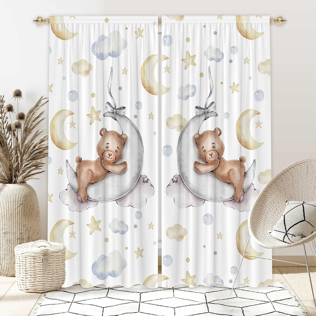 82" Wx 84" L Cartoon Lovely Bear Moon and Stars Window Curtains for...