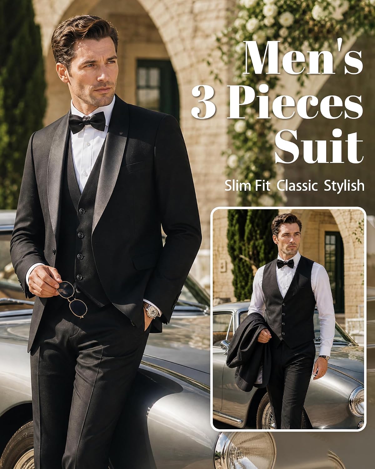 MY'S Men's 3 Piece Tuxedo Set with Tie, Shawl Lapel Suit Blazer Vest ...