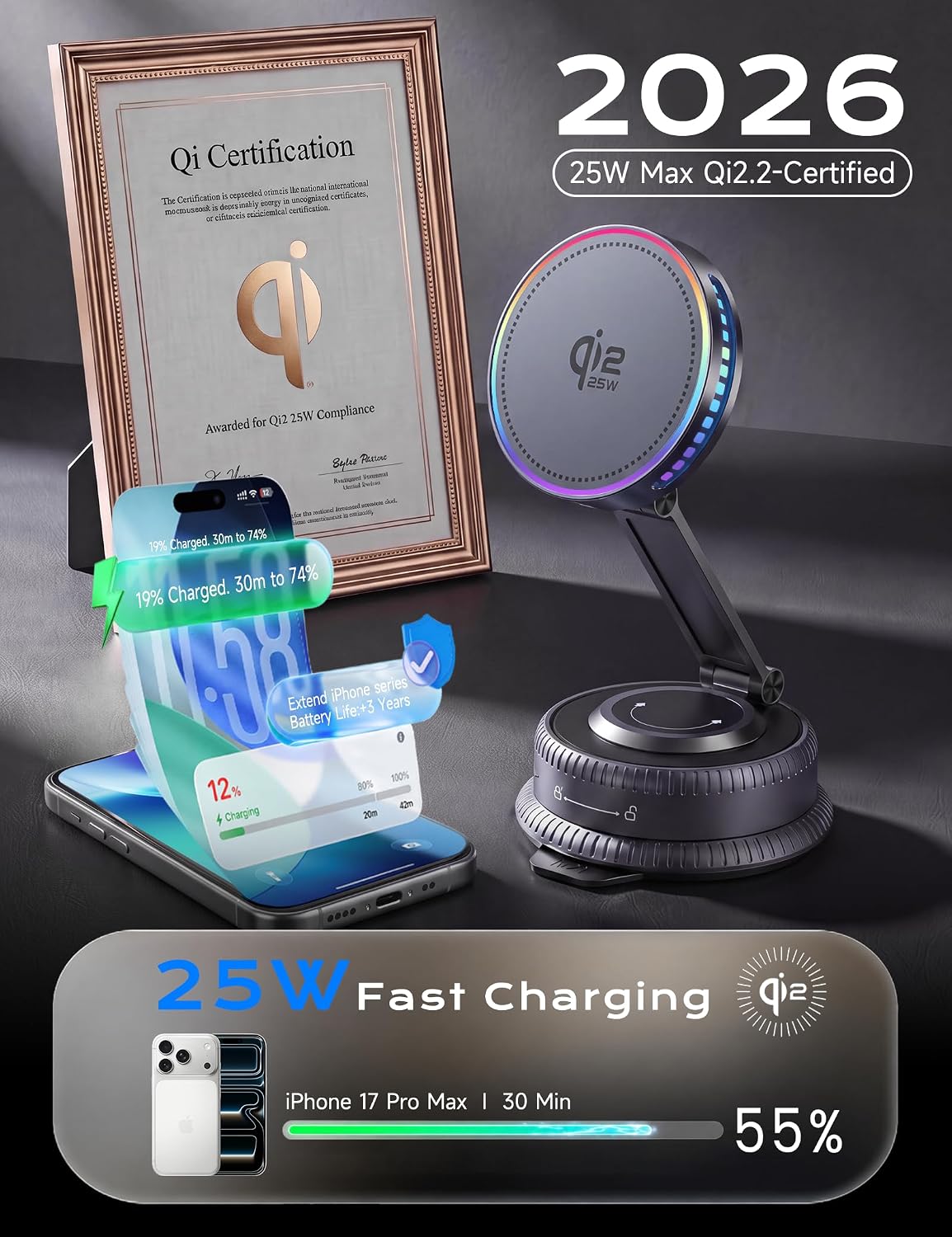 Qi2.2 25W MagSafe Car Mount Charger, Cooling Fan+75W Fast Adapter