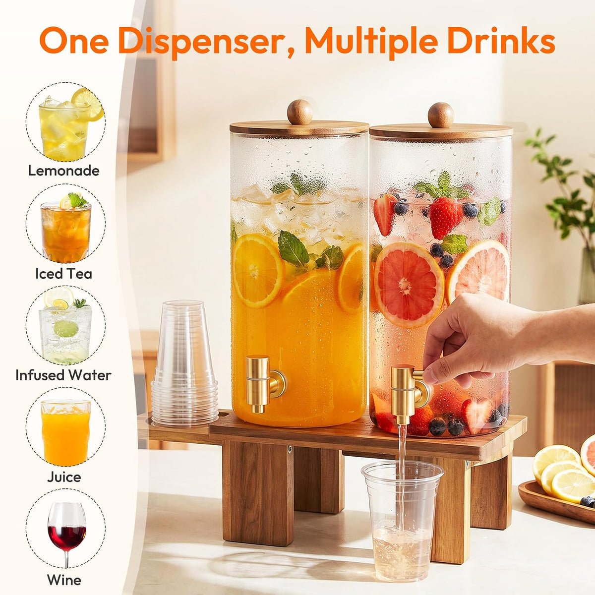 2 Pcs 1.5 Gallon Glass Drink Dispenser with Wood Stand & Pull-Out Cup Stand