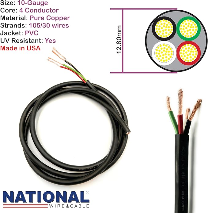 NATIONAL Wire & Cable – 10 AWG 4-Conductor Premium Copper Wire, 50 ft, St...