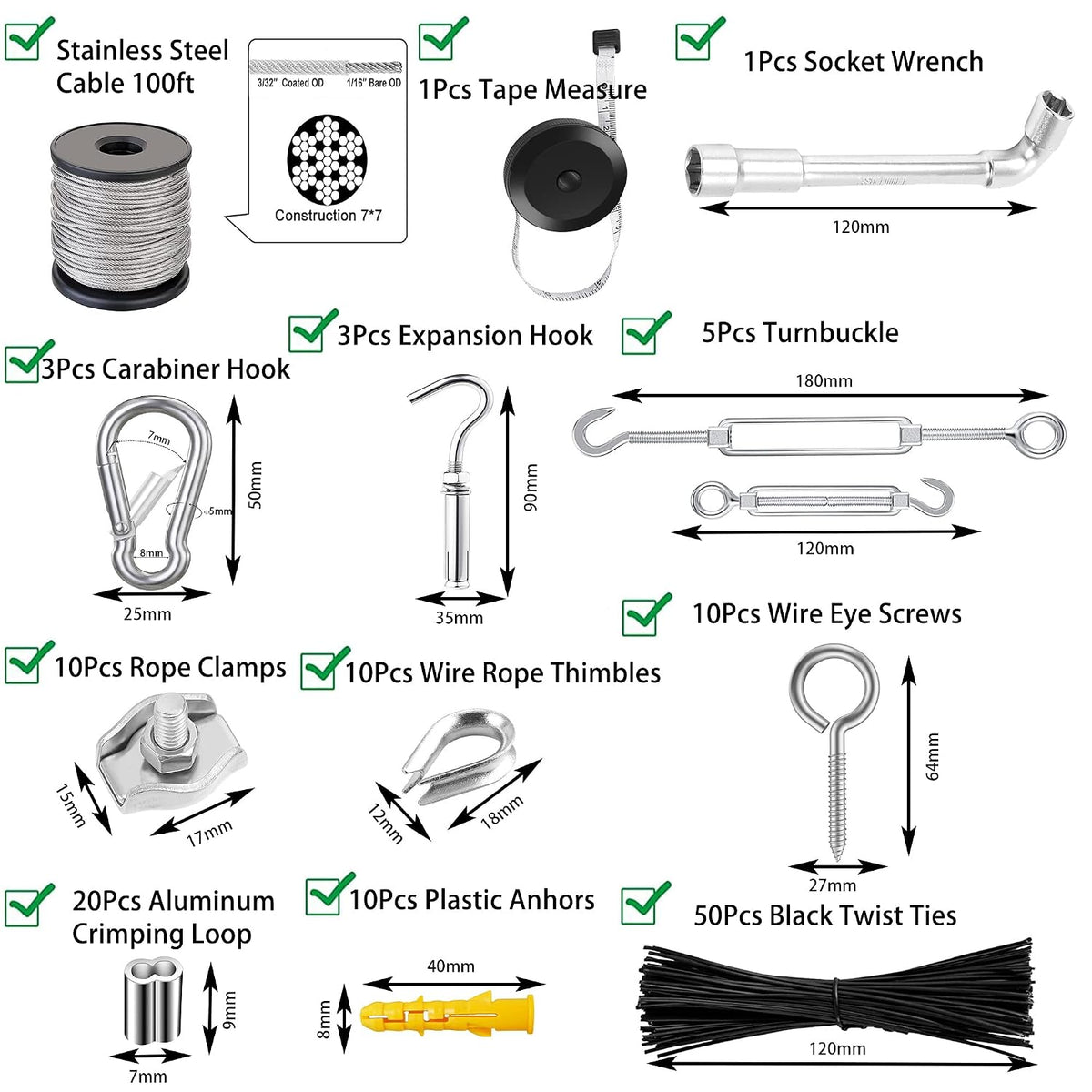 1/8" Stainless Steel Cable,165FT Wire Rope,M5 Turnbuckle Kit