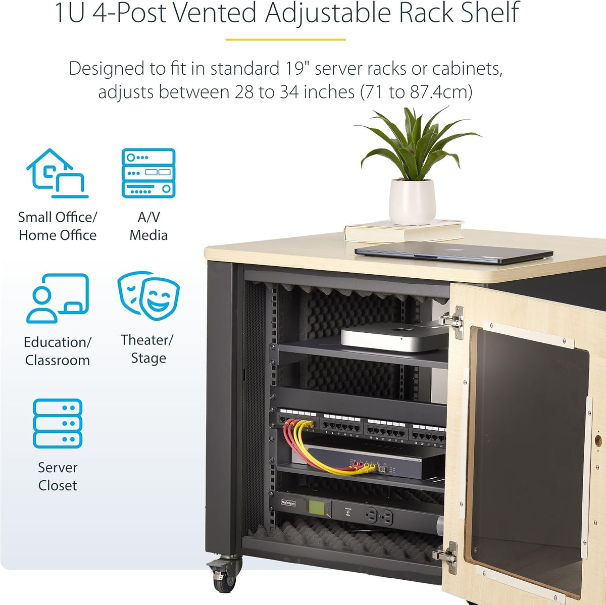 StarTech 1U 4-Post Vented Rack Shelf, 28-34.4in, 150lb (ADJSHELFV-Rack)