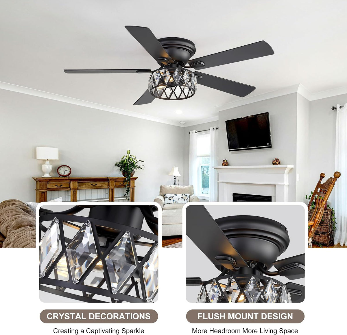 52 Inch Crystal Ceiling Fan With Light And Remote,Flush Mount Ceiling Fans