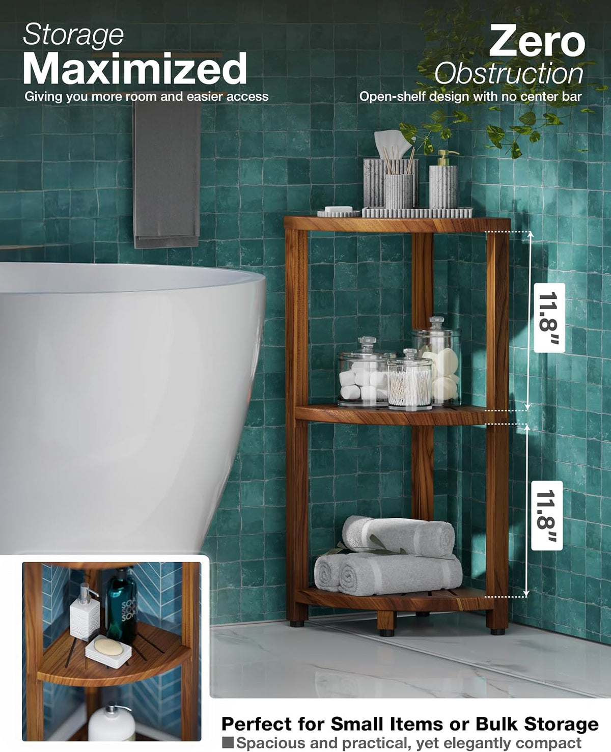 BLUEWEST 3-Tier Wooden Corner Shower Caddy Organizer with Anti-Slip Feet (Aca...