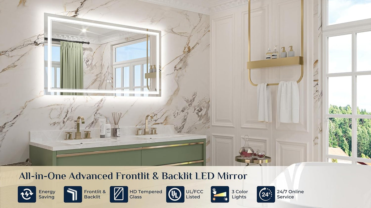 Keonjinn 48" x 30" LED Mirror for Bathroom, Front & Backlit, Te...