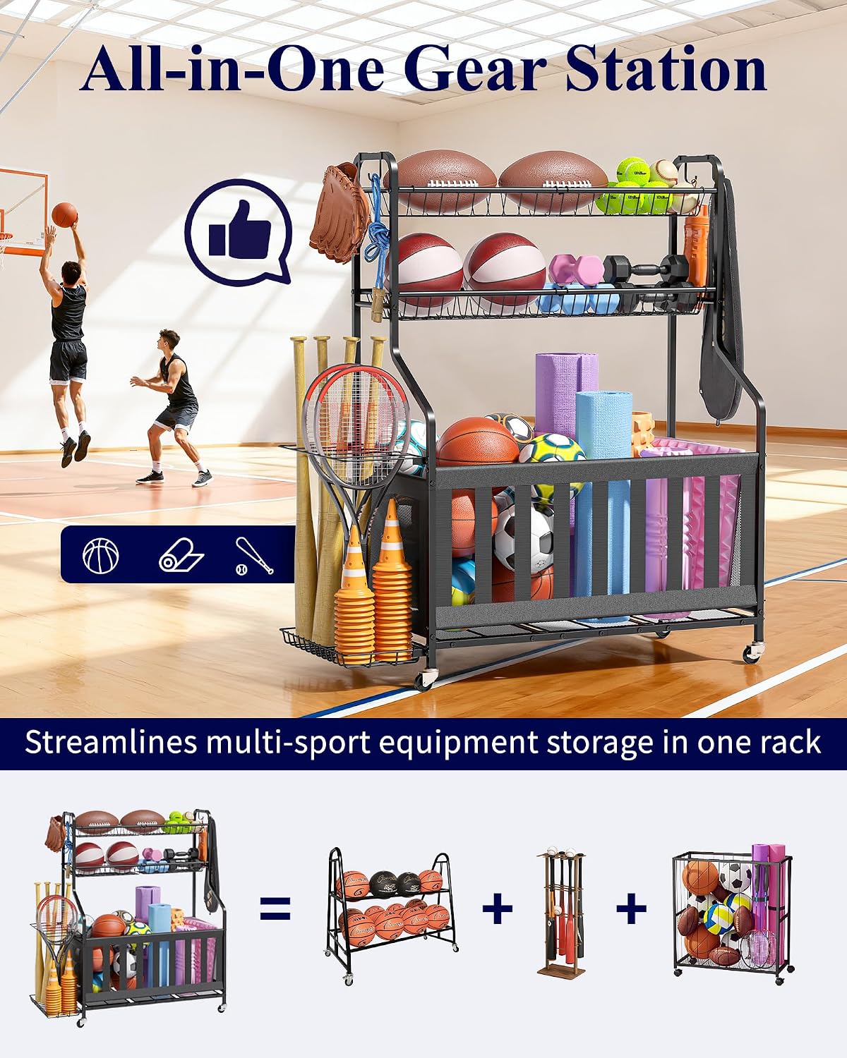 Kitsure Sports Equipment Organizer with Wheels, Garage Ball Storage, 45.6"H