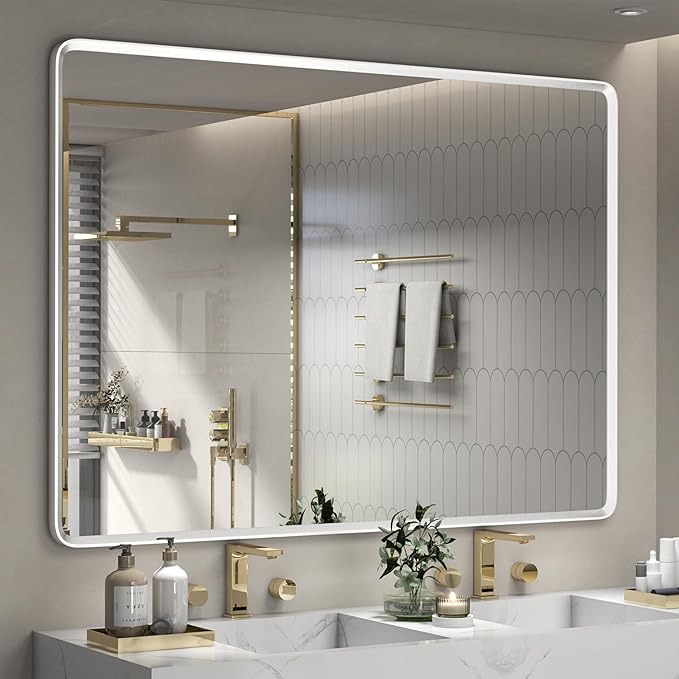 55x40 Inch Silver Framed Mirror, Brushed Nickel, Rounded Rectangle Mirror