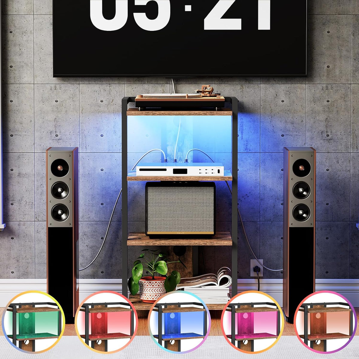 HOOBRO 4-Tier AV Media Stand, Media Console with Charging Station&LED Light