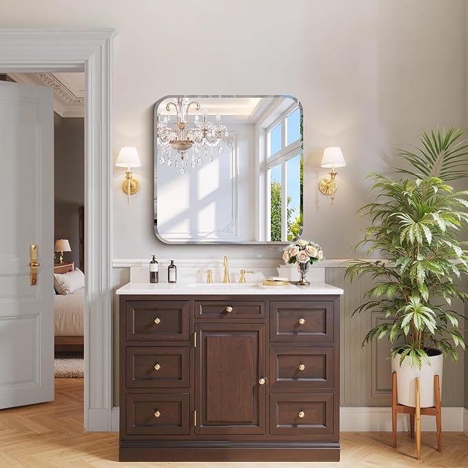 CILIBER Beveled Mirror 30"x30", Square Frameless Bathroom Mirror Ro...