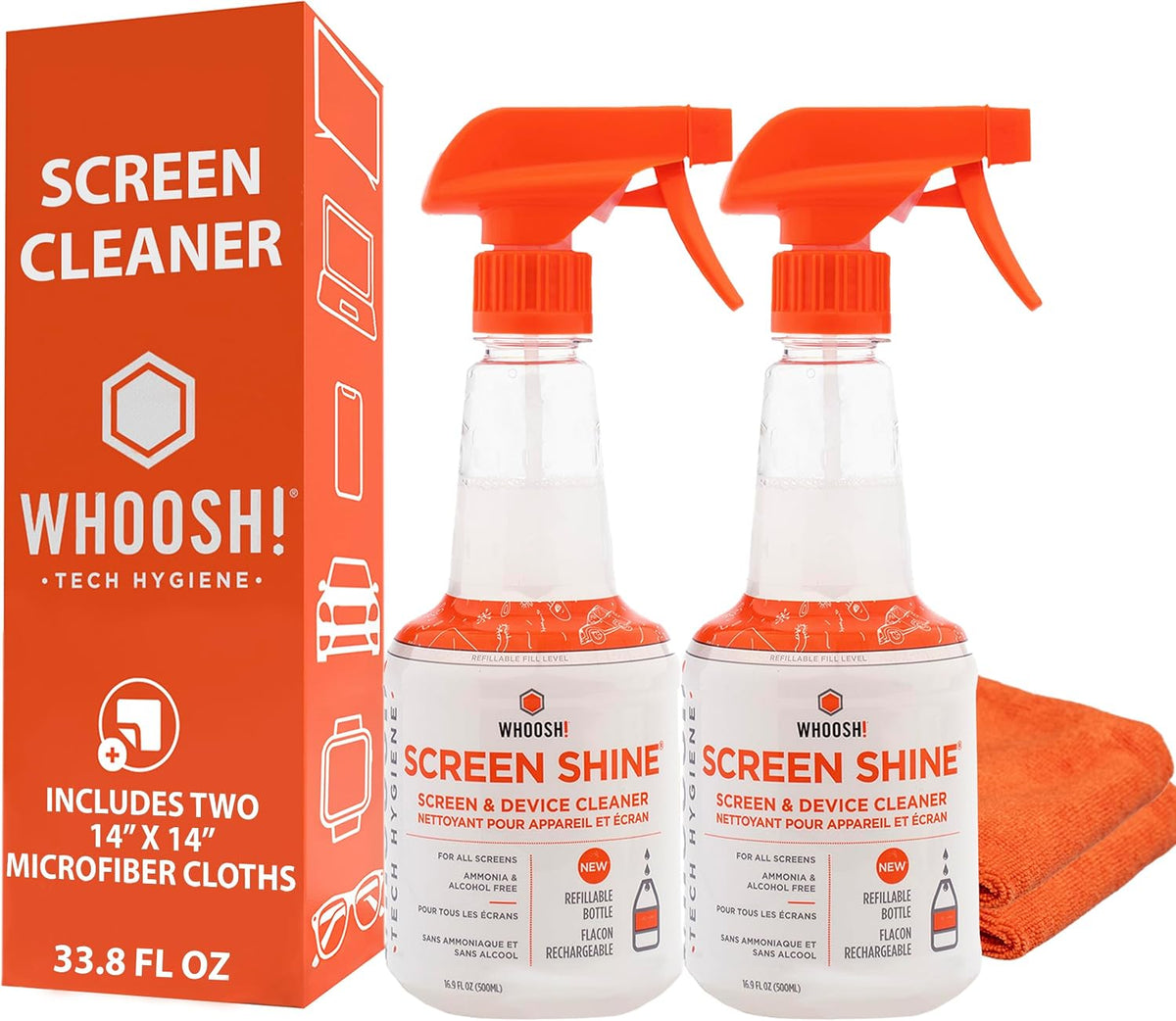WHOOSH! Pro 16.9 fl oz Refillable TV Screen Cleaner & Microfiber Cloth (S...