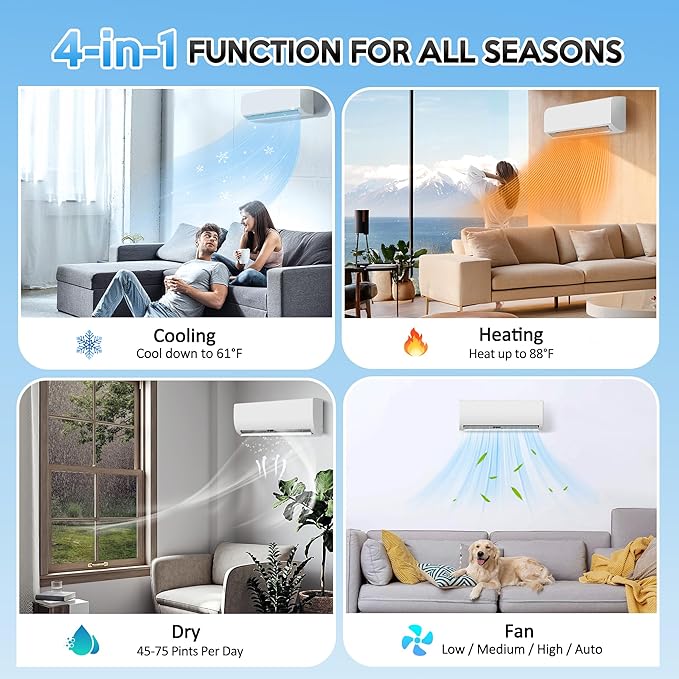 9000 BTU Mini Split Air Conditioner ＆ Heat Pump - 110V/120V Wall Mount Ductless