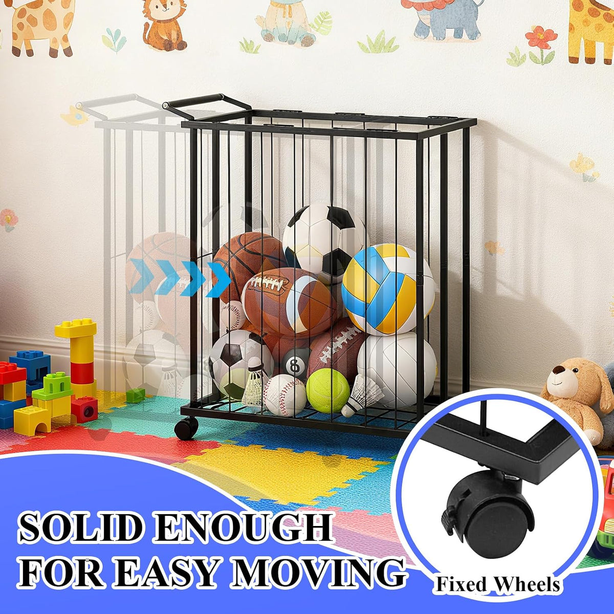 Large Garage Ball Storage Rack with Wheels for Basketball & Soccer