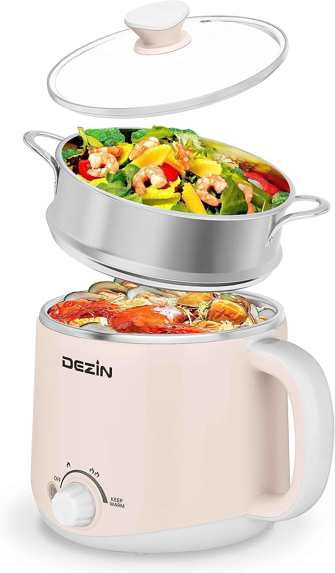 Dezin Hot Pot Electric with Steamer, Rapid Noodles Cooker, Stainless Steel