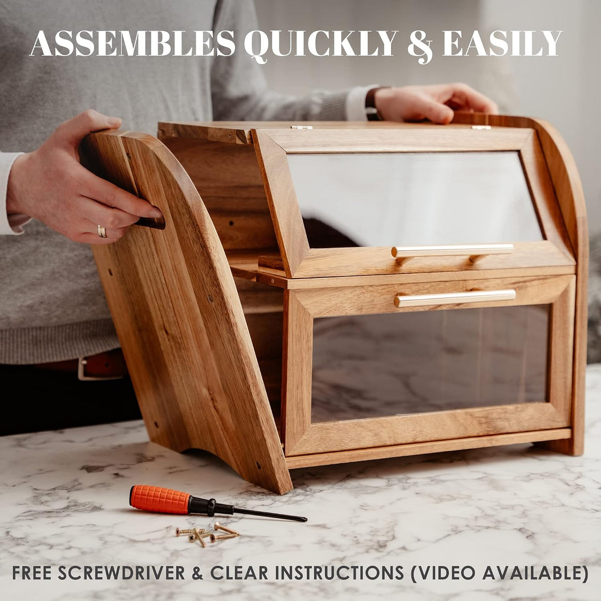 Arise Acacia Wooden Bread Box for Kitchen Countertop, Extra Large 2-Shelf