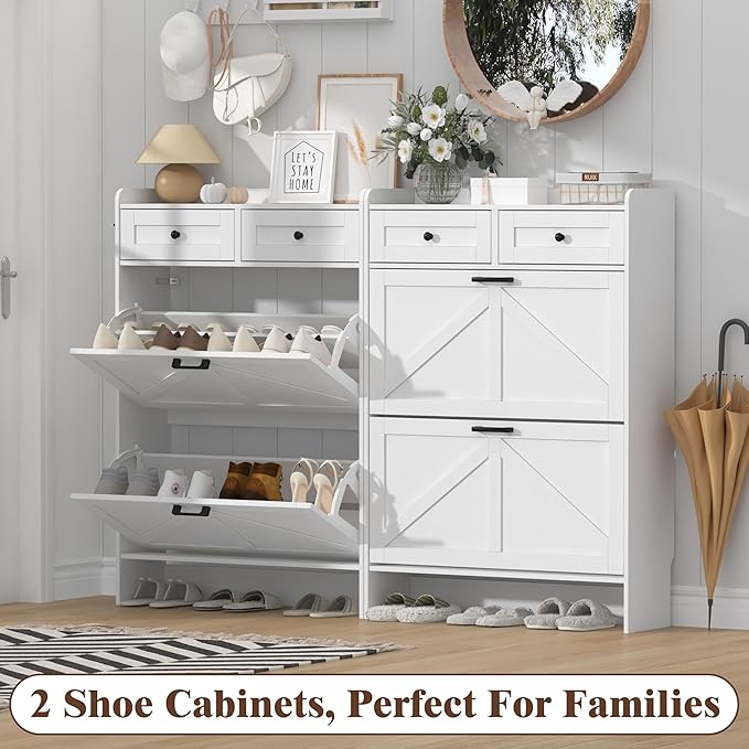 Shoe Cabinet with 2 Flip Drawers & 2 Storage Drawers, Rustic Farmhouse Na...