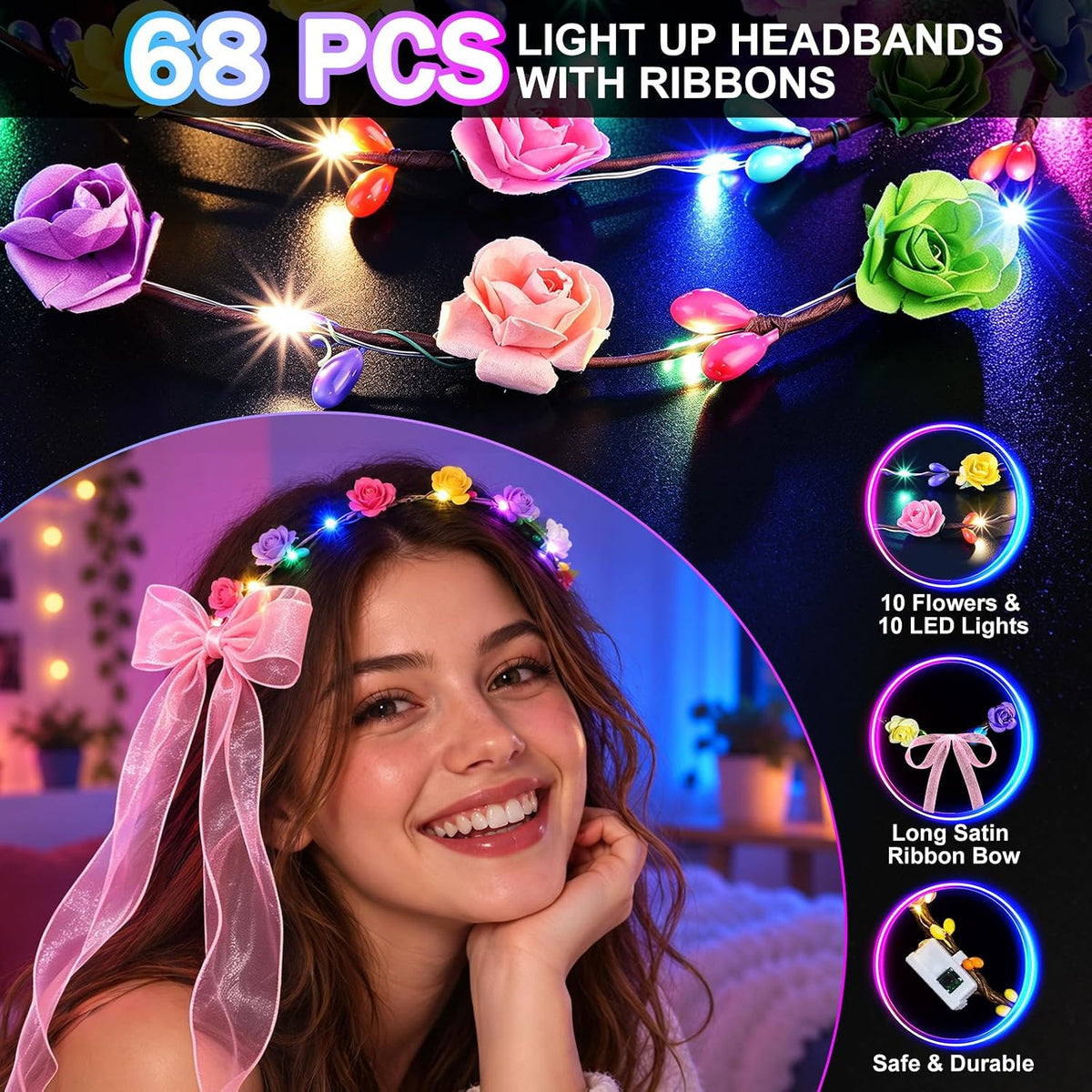 68 PCS LED Flower Crown Headbands with Ribbons, Light Up Flower Headband