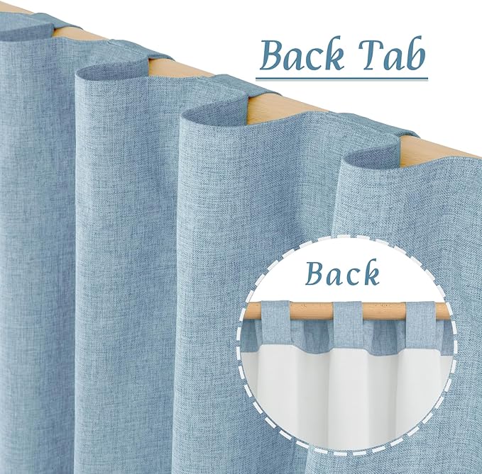 LAMIT Stone Blue 100% Blackout Linen Curtains, 84 Inch Linen Textured Living