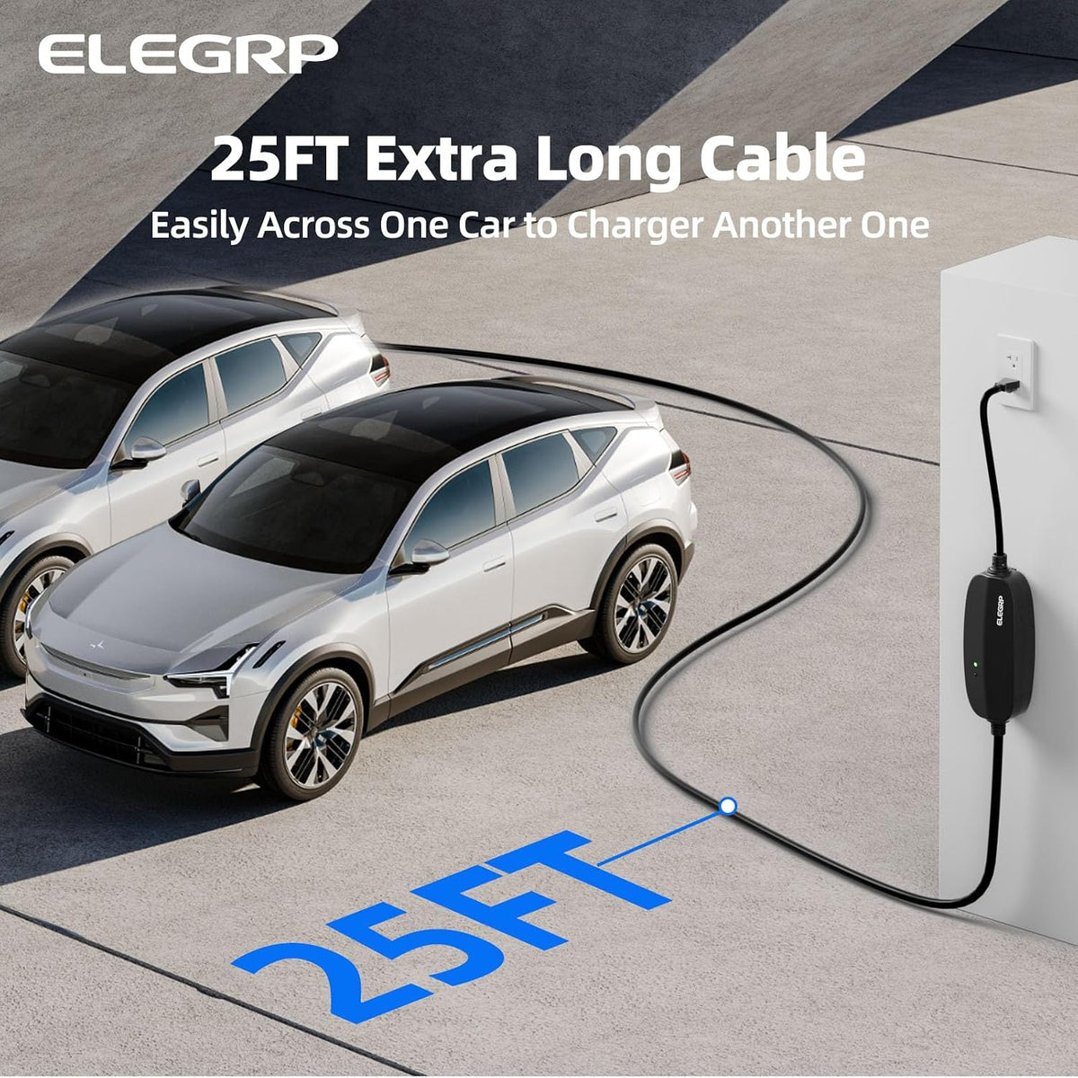 ELEGRP Level 1/2 EV Charger, 16 Amp, Portable J1772 Charger, 25FT Cable, NEMA...