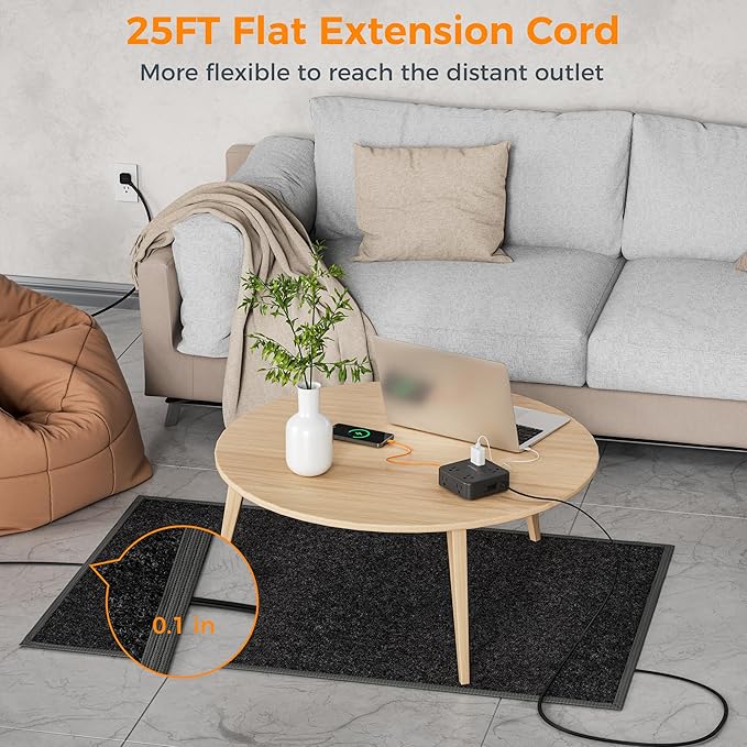 Long Extension Cord 25 FT, TESSAN Ultra Thin Flat Plug Power Strip Surge