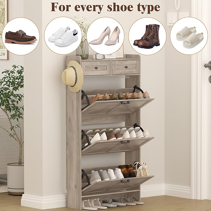 Shoe Cabinet with 3 Flip Drawers & 2 Storage Drawers, Rustic Farmhouse Na...