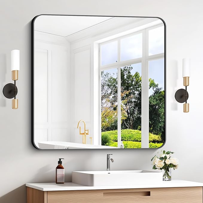 Black Bathroom Mirrors for Wall, Rounded Corner Metal Frame Wall Mirror