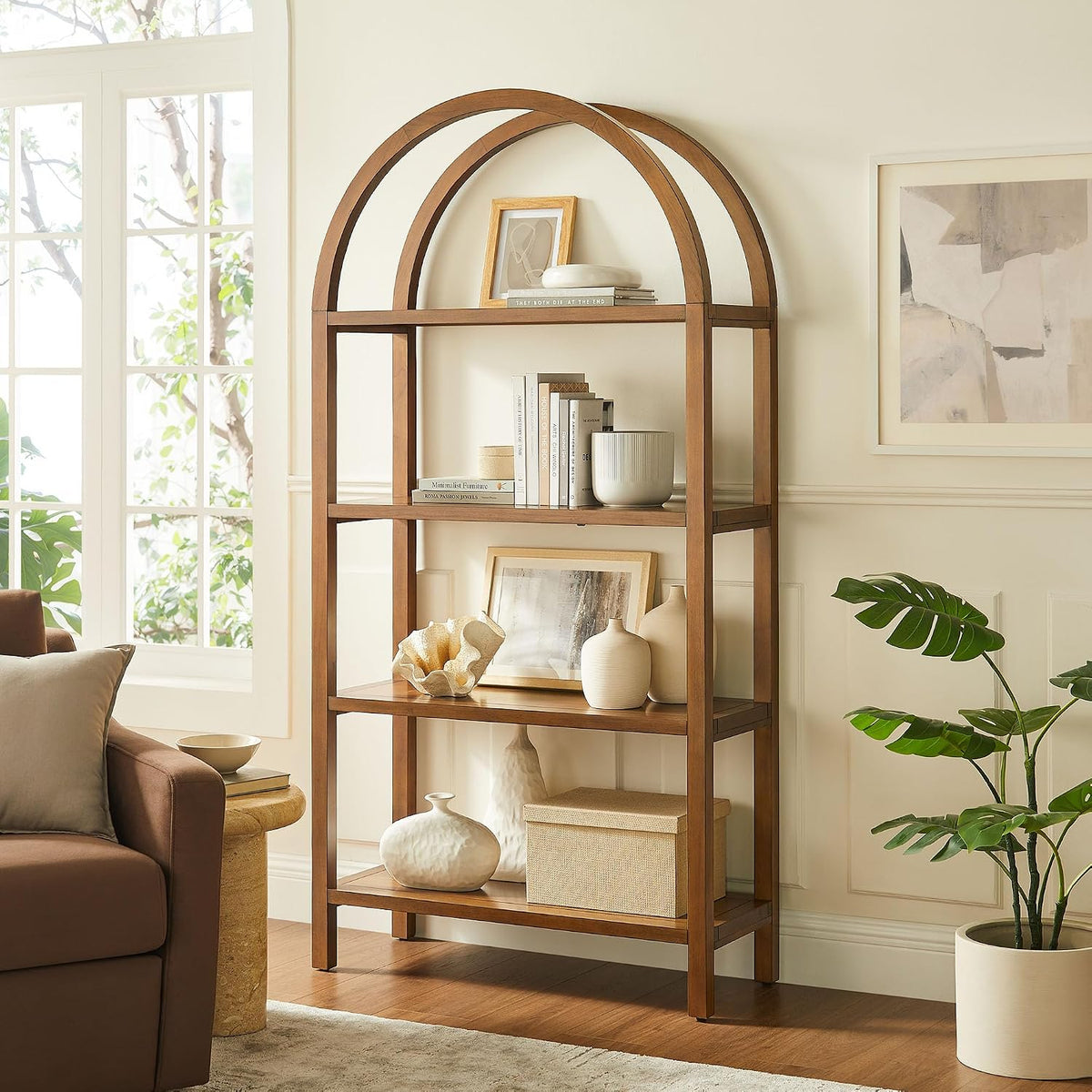 Modway Vexley 72 Inch Large Arched Bookshelf in Walnut – Modern Pine and Acac...
