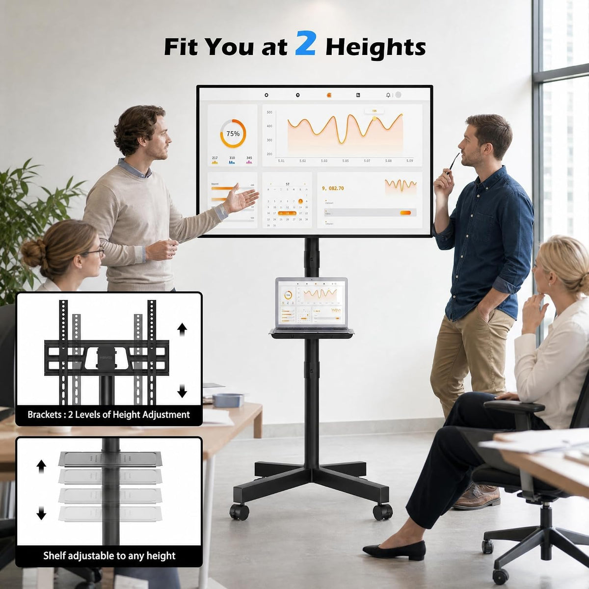 BONTEC Rolling TV Stand with Tilt,Mobile TV Stand Wheels for 23–65 Inch TVs