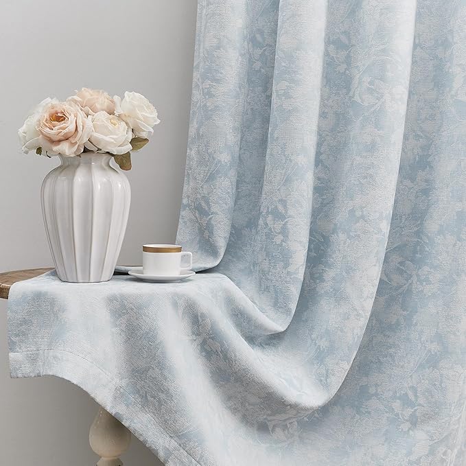 Beauoop Blue Floral Jacquard Blackout Curtains 63 Inches Long 2 Panels