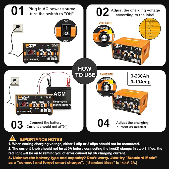 PZP 12V Manual Battery Charger Maintainer, 0 to 10A Arbitrarily Adjustable Car