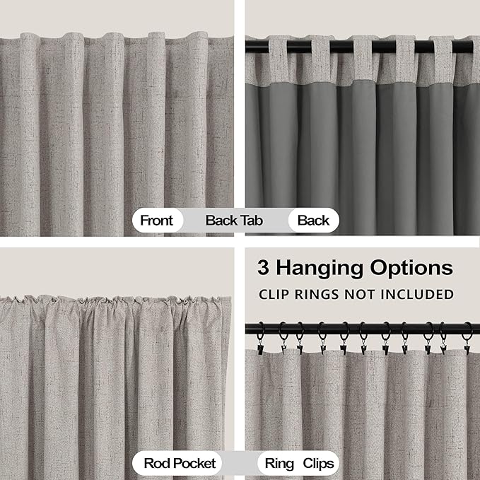 KOUFALL Taupe Back Tab Linen Blackout Curtains