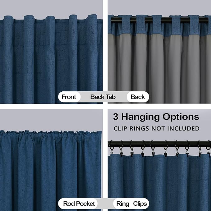 KOUFALL Navy Blue Linen Blackout Curtains 84 Inch Length, Dark Blue Thermal