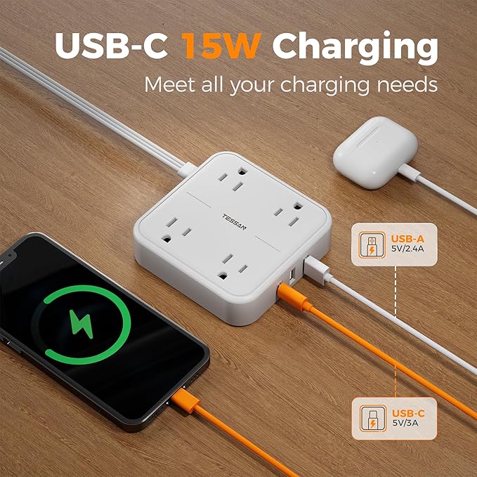 Surge Protector Flat Extension Cord 10FT, TESSAN Flat Plug Power Strip