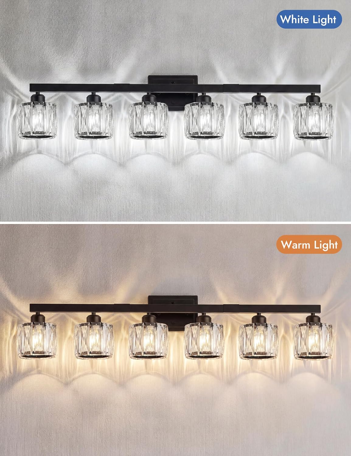 VOLISUN Crystal Vanity Light, 6‑Light Matte Black Bathroom Wall Fixture
