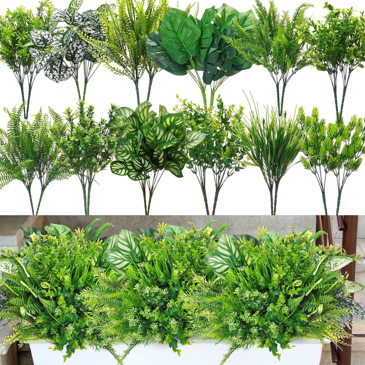24 Pcs Artificial Outdoor Plants UV Proof, Greenery, Fresh Color