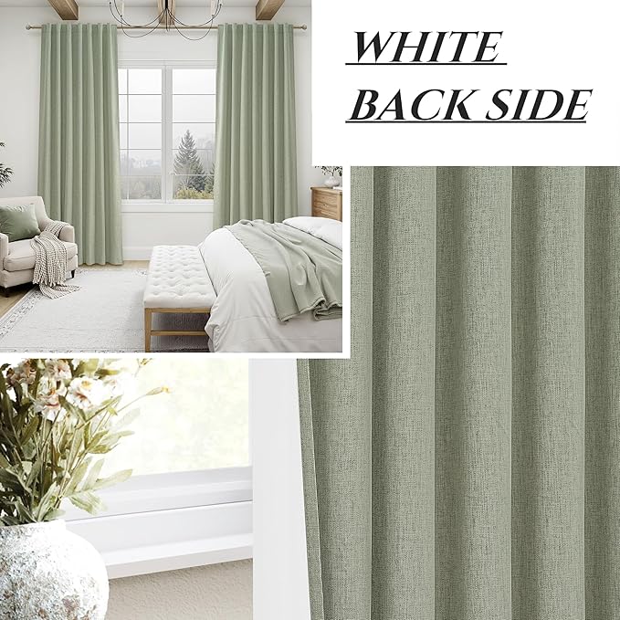 Sage Green Blackout Linen Curtains 108 Inches Long